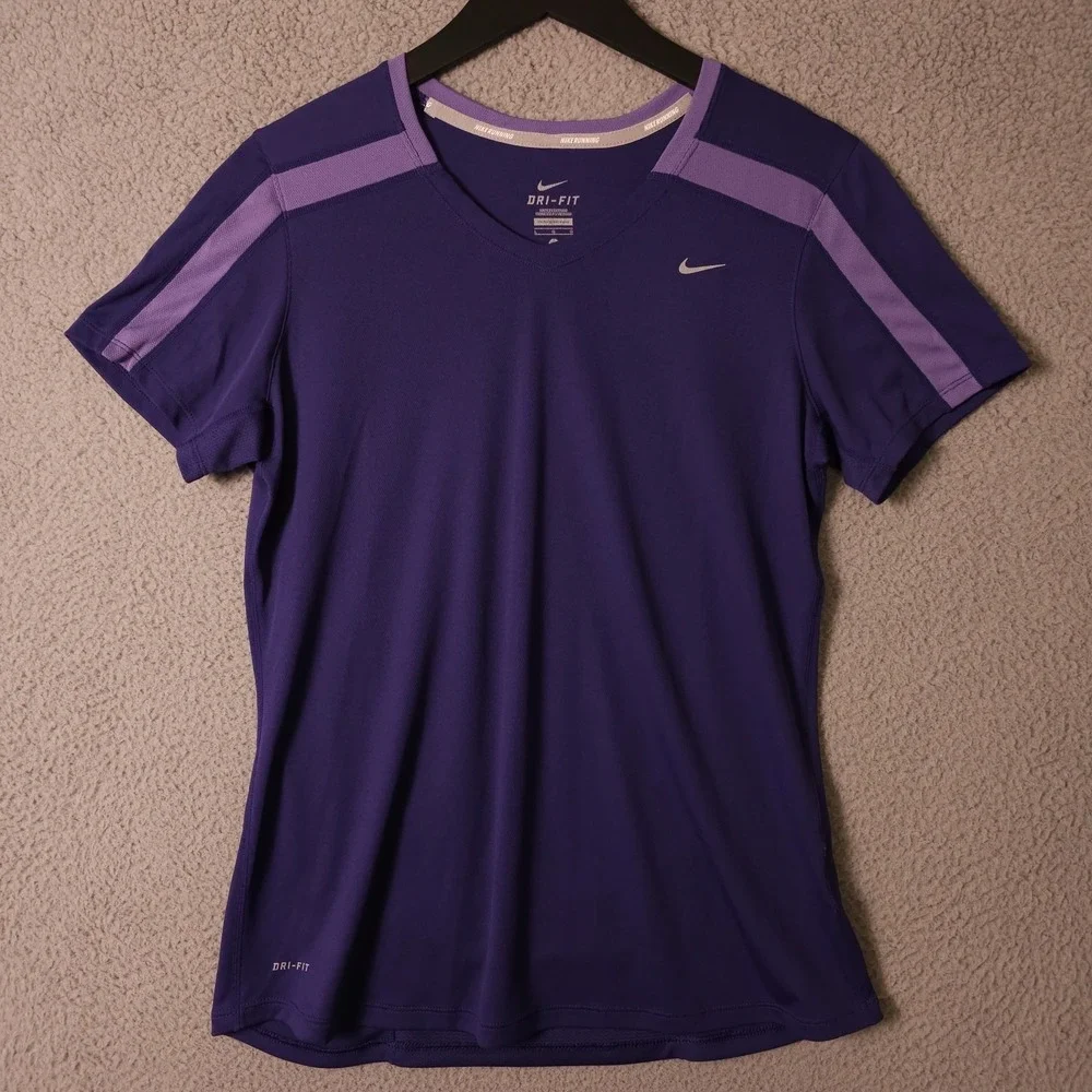 Nike Running Shirt Women Large Purple Dri Fit V Neck Athletic Active Jogging Tee